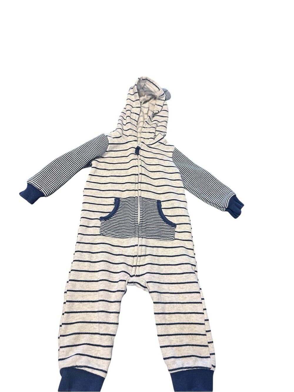 Carter's Cream and Navy Striped Hooded One-Piece